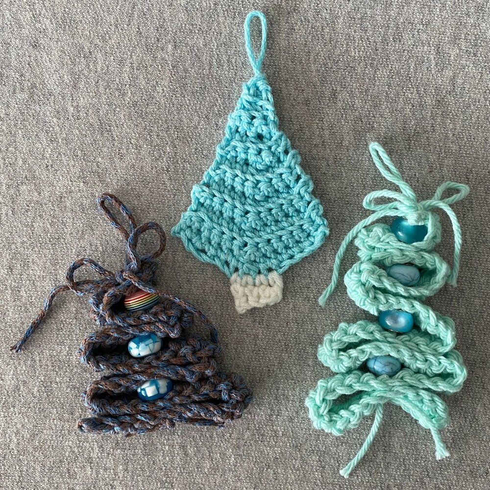 Handmade Crochet Blue Brown Holiday Christmas Tree Hanging Decorations Set of 3